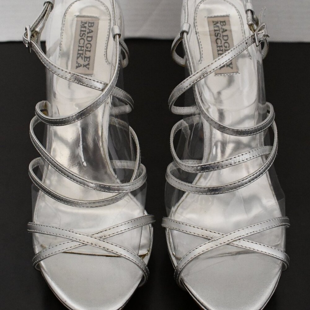 Strappy, silver Badgley Mischka heel. (Approx 5 in) Women's Size 9.5 (US)
